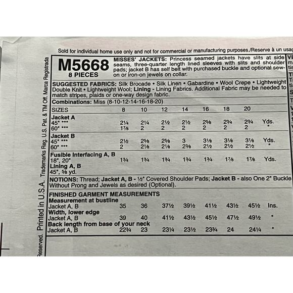 McCalls 5668 suit jacket sewing pattern Nacy Zieman size 8 10 12 14 16 18 20 - Picture 4 of 7